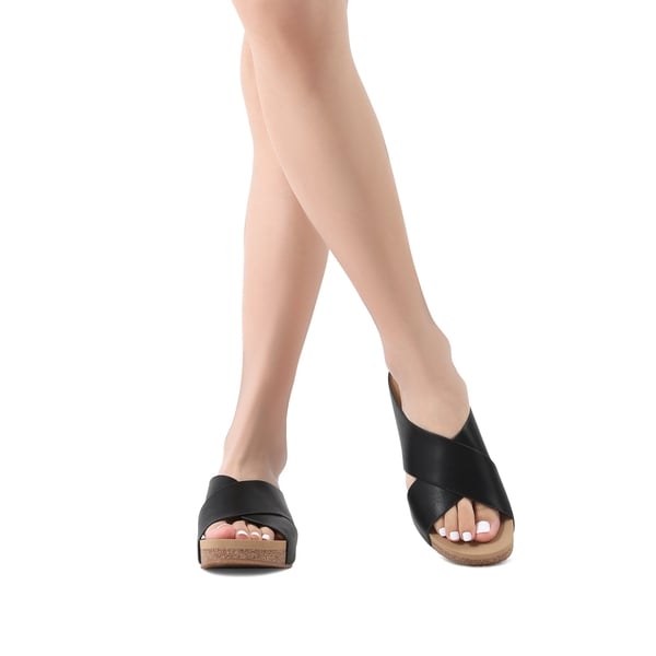 Platform Criss-Cross Flat Sandals - BLACK PU - 1